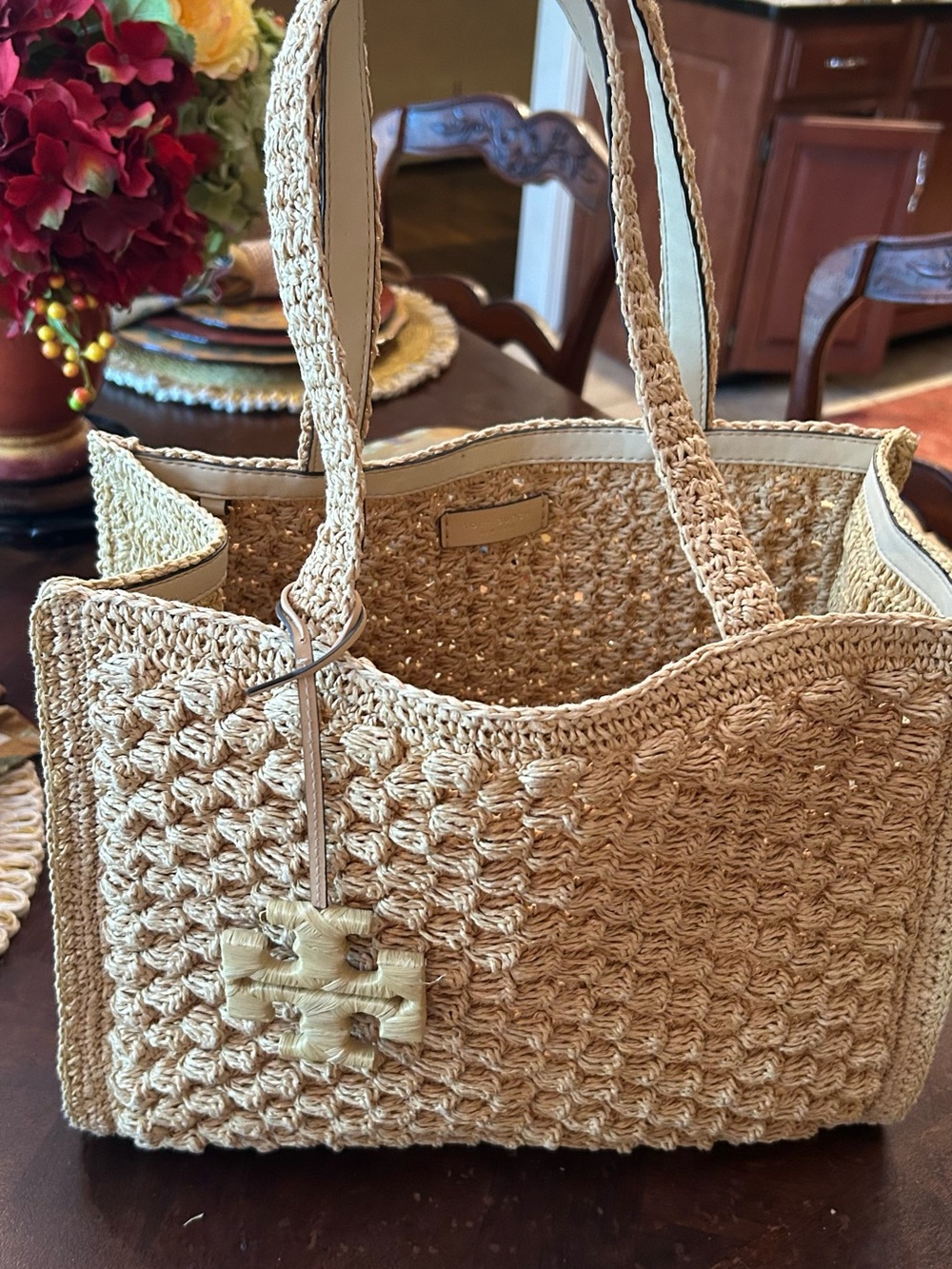 Tory Burch Small. Raffia -Crocheted Popcorn Tote in Natural Beige - Picture 10 of 12